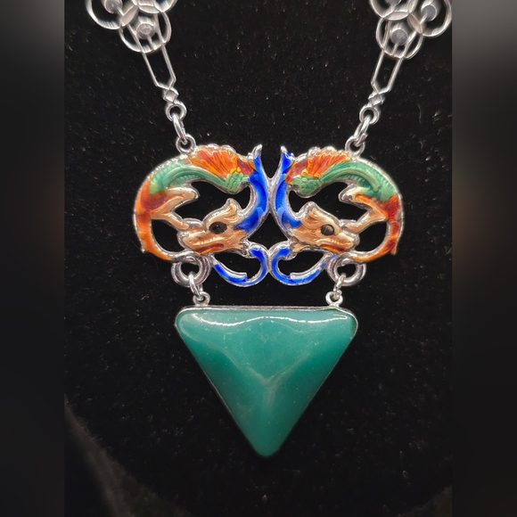 Art Deco Dragon Necklace Enamel Peking Glass Rhodium Plate 1930s 18 In - Picture 2 of 12
